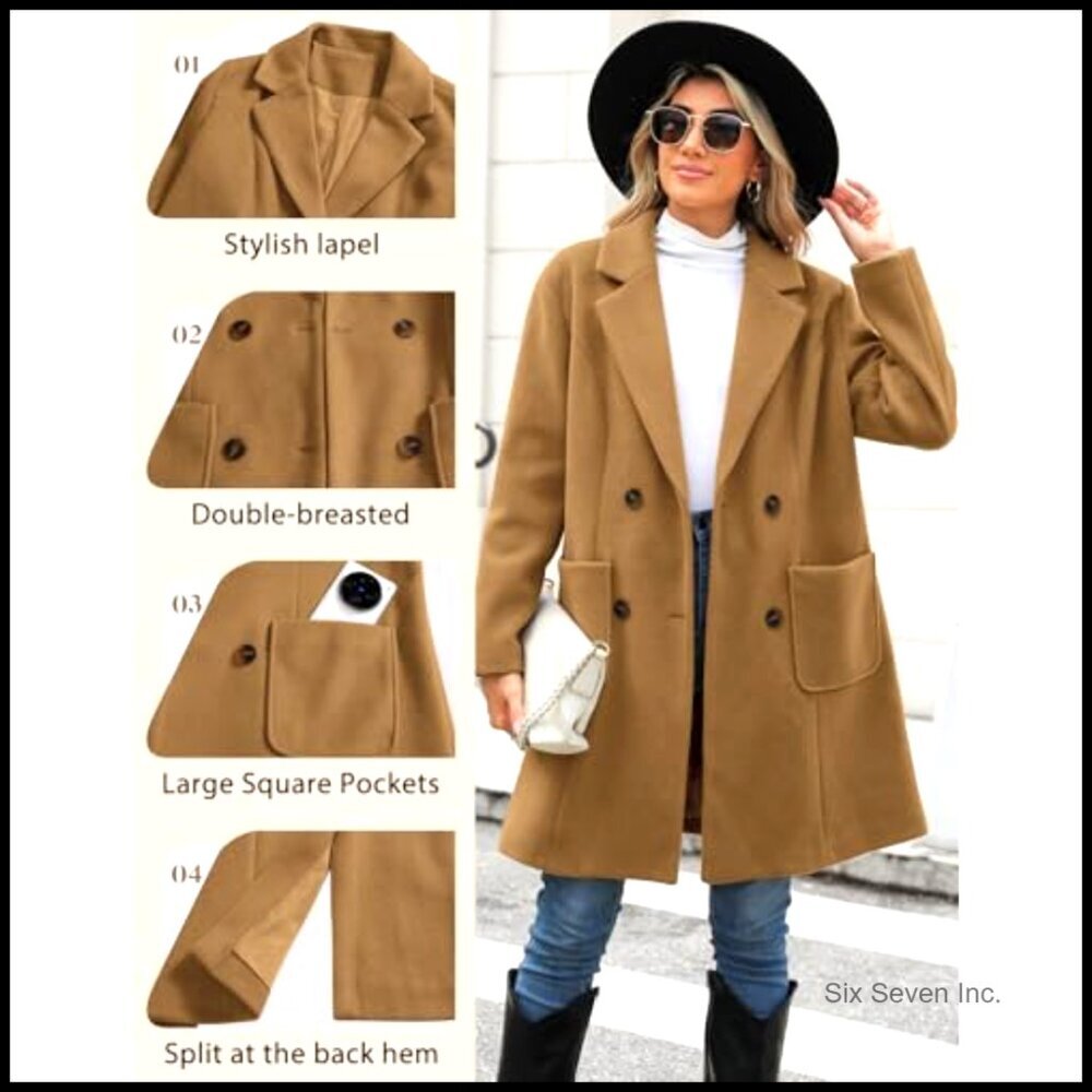 Wool Blend Double Breasted Pea Coat Notch Lapel Trench Coat - Picture 3 of 7